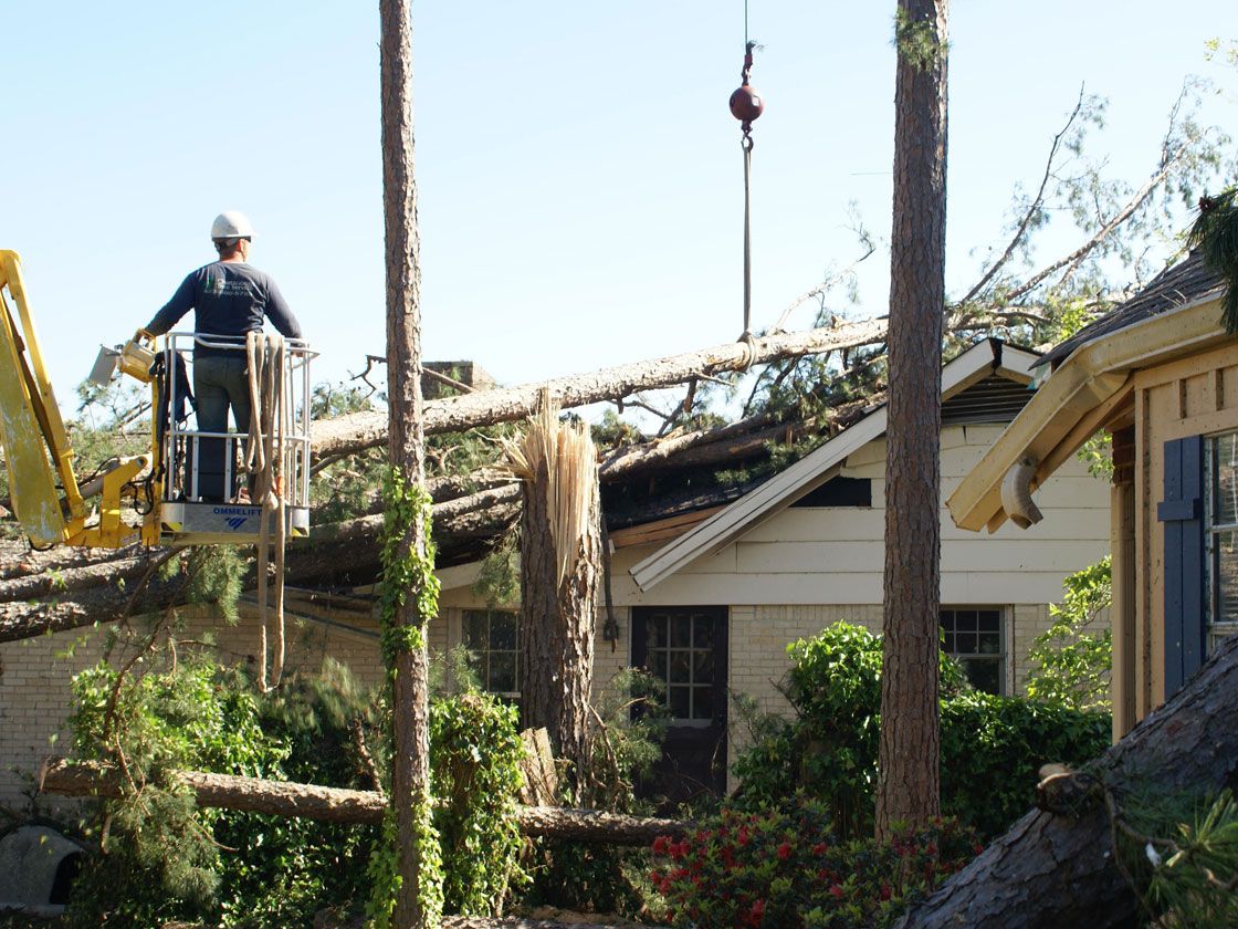 Chattanooga Tree Service worker in a bucket lift clearing a fallen tree off a home's roof after a storm
